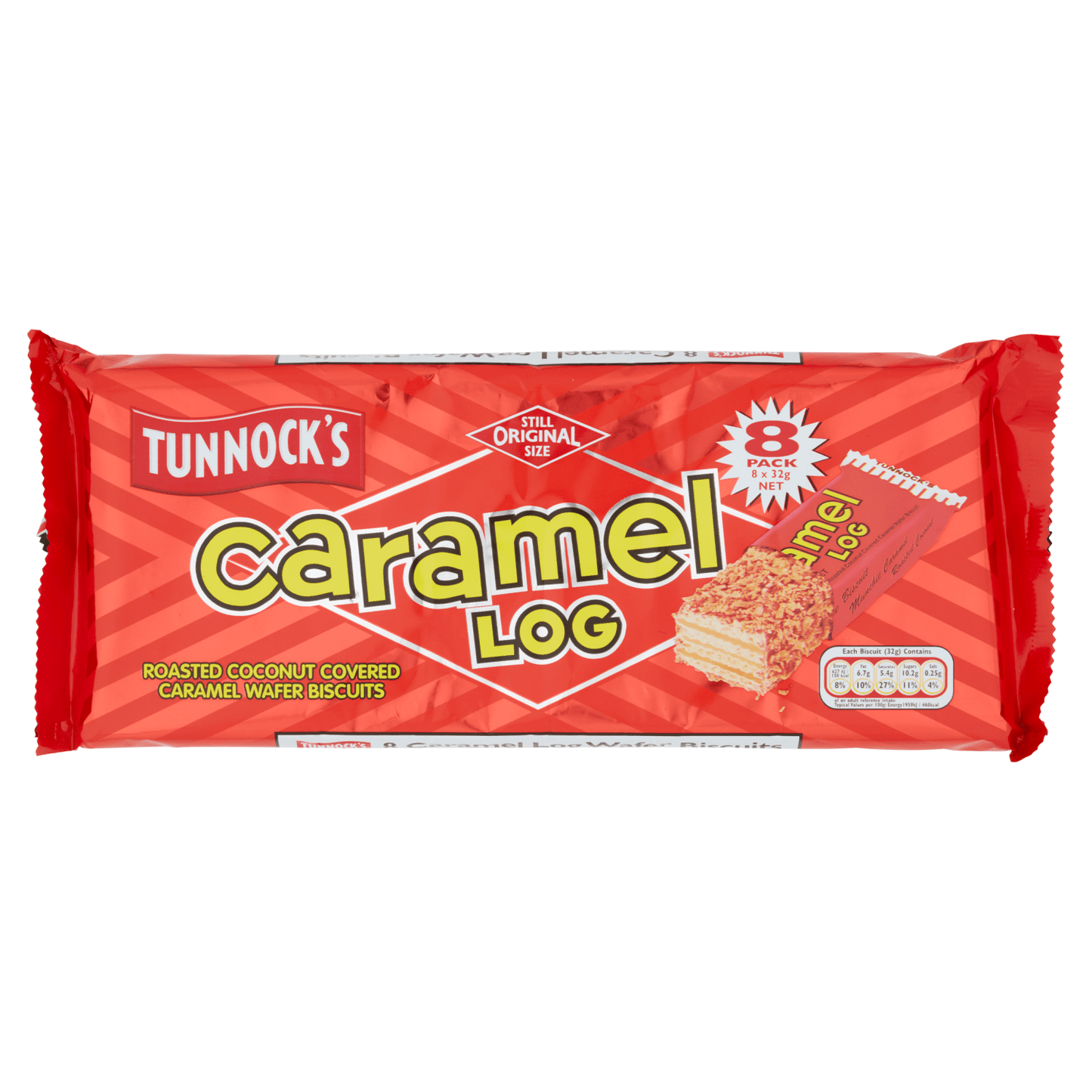 Tunnock's Caramel Log Roasted Coconut Covered Caramel Wafer Biscuits 8 x 32g - UK Food & Drink - 5010975075076