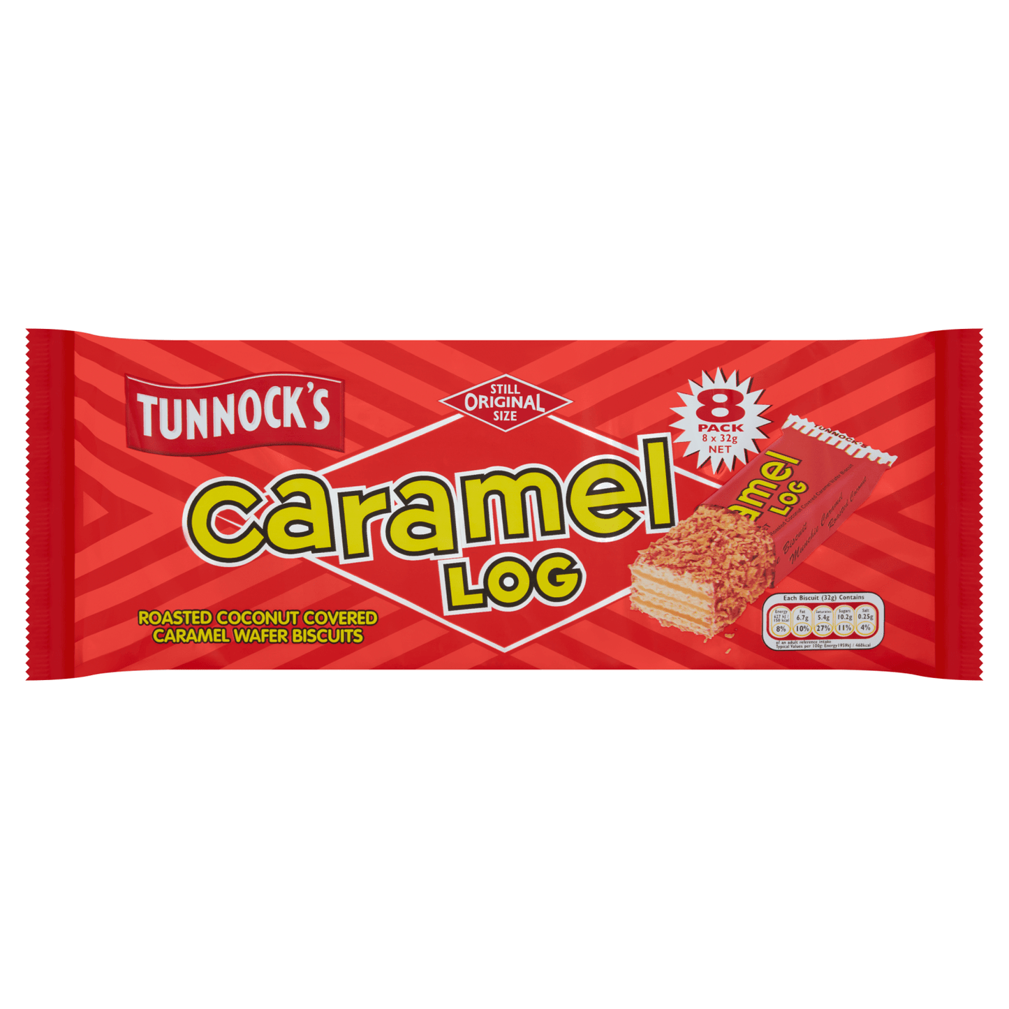 Tunnock's Caramel Log Roasted Coconut Covered Caramel Wafer Biscuits 8 x 32g - UK Food & Drink - 5010975075076