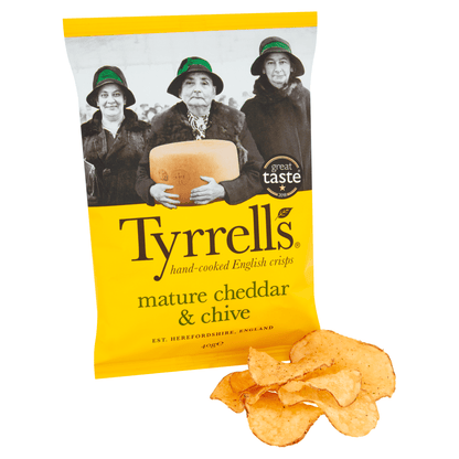 Tyrrells Mature Cheddar & Chive Hand - Cooked English Crisps 40g - UK Food & Drink - 5060042640768