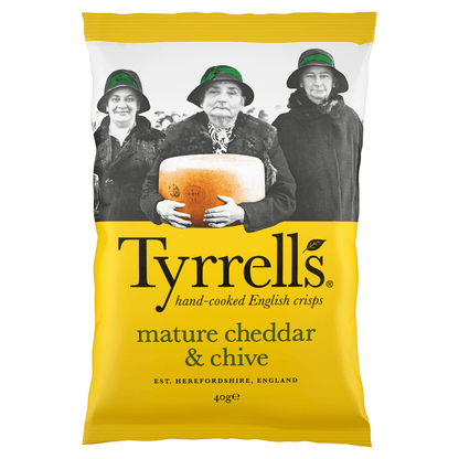 Tyrrells Mature Cheddar & Chive Hand - Cooked English Crisps 40g - UK Food & Drink - 5060042640768