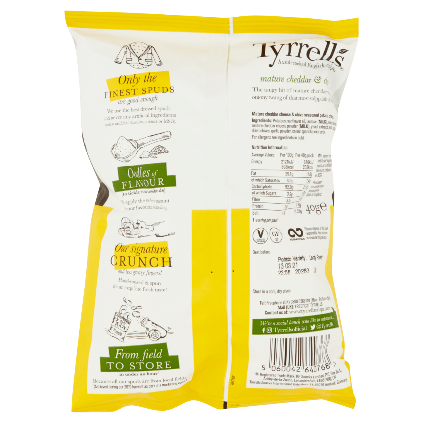 Tyrrells Mature Cheddar & Chive Hand - Cooked English Crisps 40g - UK Food & Drink - 5060042640768
