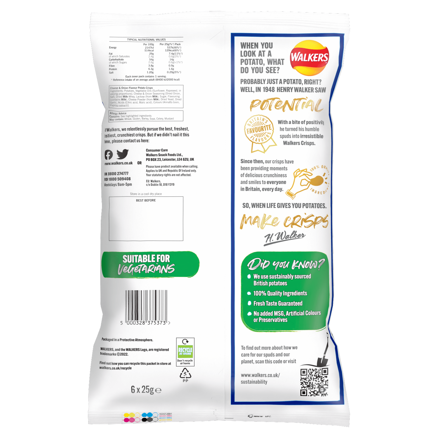 Walkers Cheese & Onion Multipack Crisps 6x25g - UK Food & Drink - 5000328375373