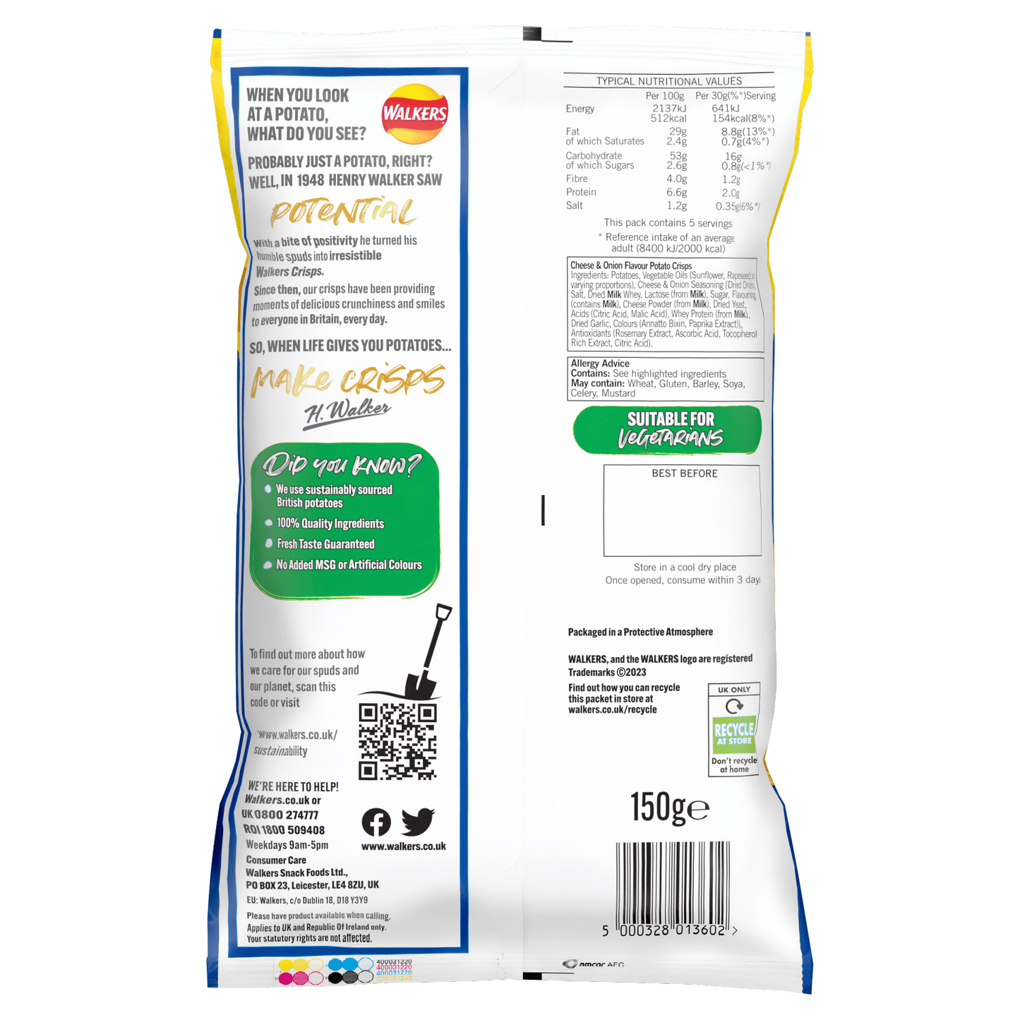 Walkers Cheese & Onion Sharing Crisps 150g - UK Food & Drink - 5000328013602