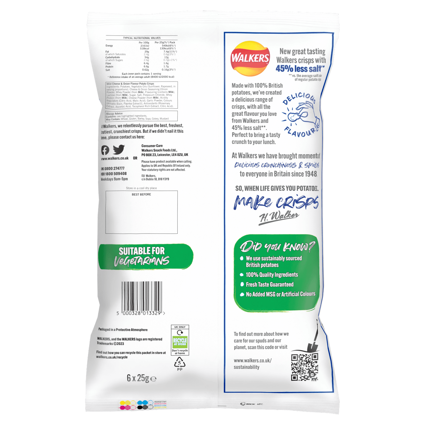 Walkers Less Salt Mild Cheese & Onion Multipack Crisps 6 x 25g - UK Food & Drink - 5000328013329