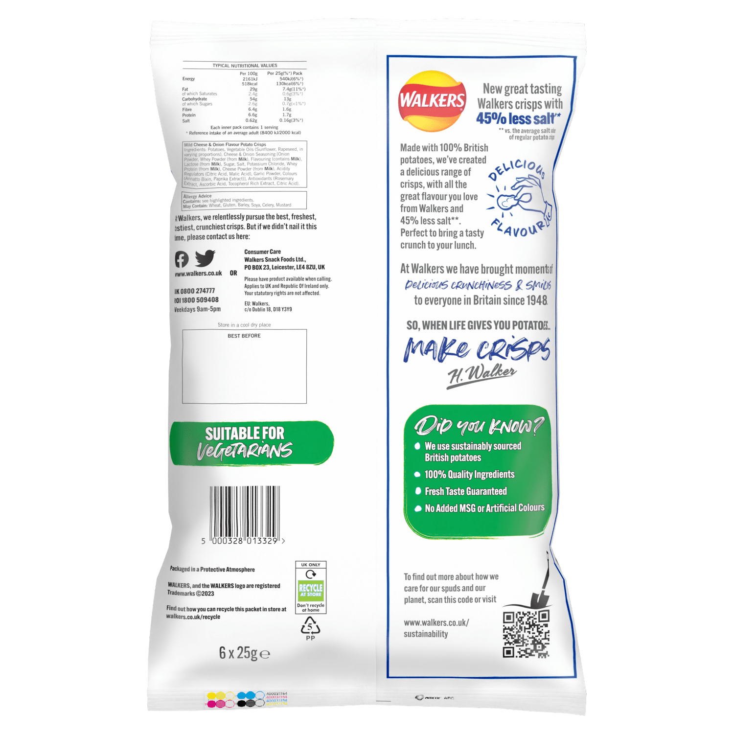 Walkers Less Salt Mild Cheese & Onion Multipack Crisps 6 x 25g - UK Food & Drink - 5000328013329