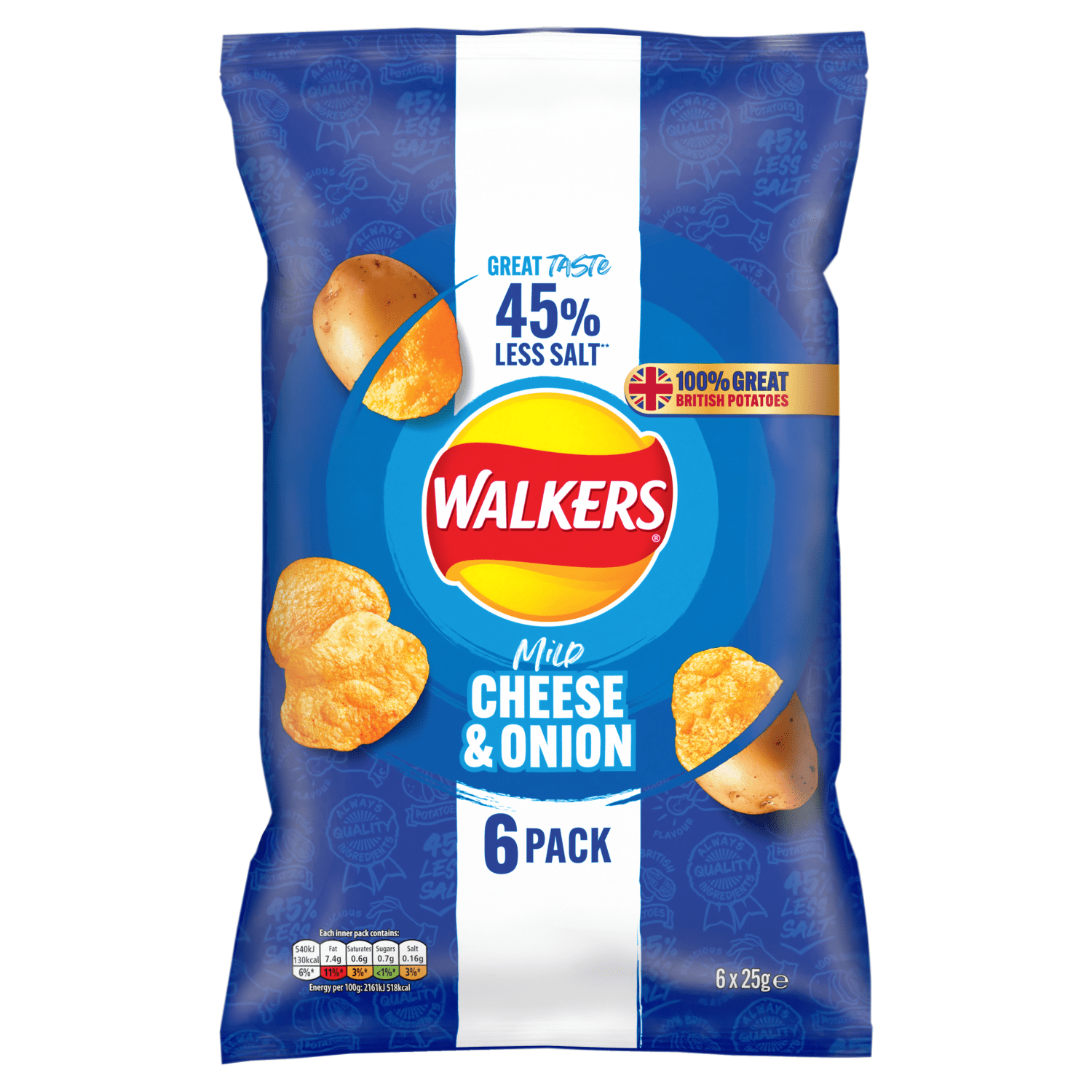Walkers Less Salt Mild Cheese & Onion Multipack Crisps 6 x 25g - UK Food & Drink - 5000328013329