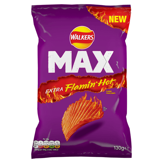 Walkers Max Extra Flamin' Hot Sharing Bag Crisps 130g - UK Food & Drink - 5000328026138