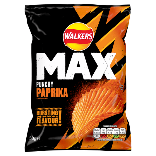 Walkers Max Punchy Paprika Crisps 50g - UK Food & Drink - 5000328123301