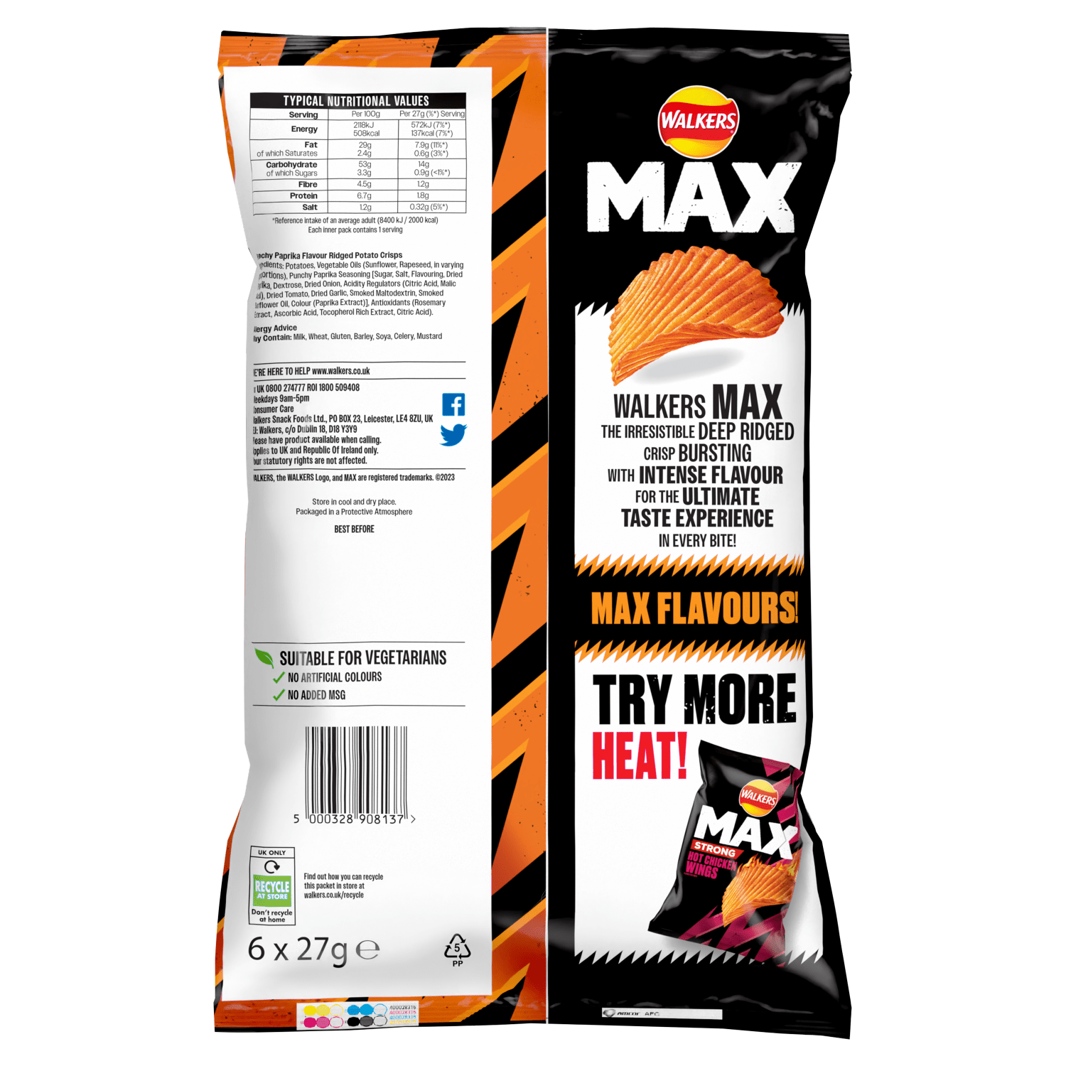 Walkers Max Punchy Paprika Multipack Crisps 6x27g - UK Food & Drink - 5000328908137