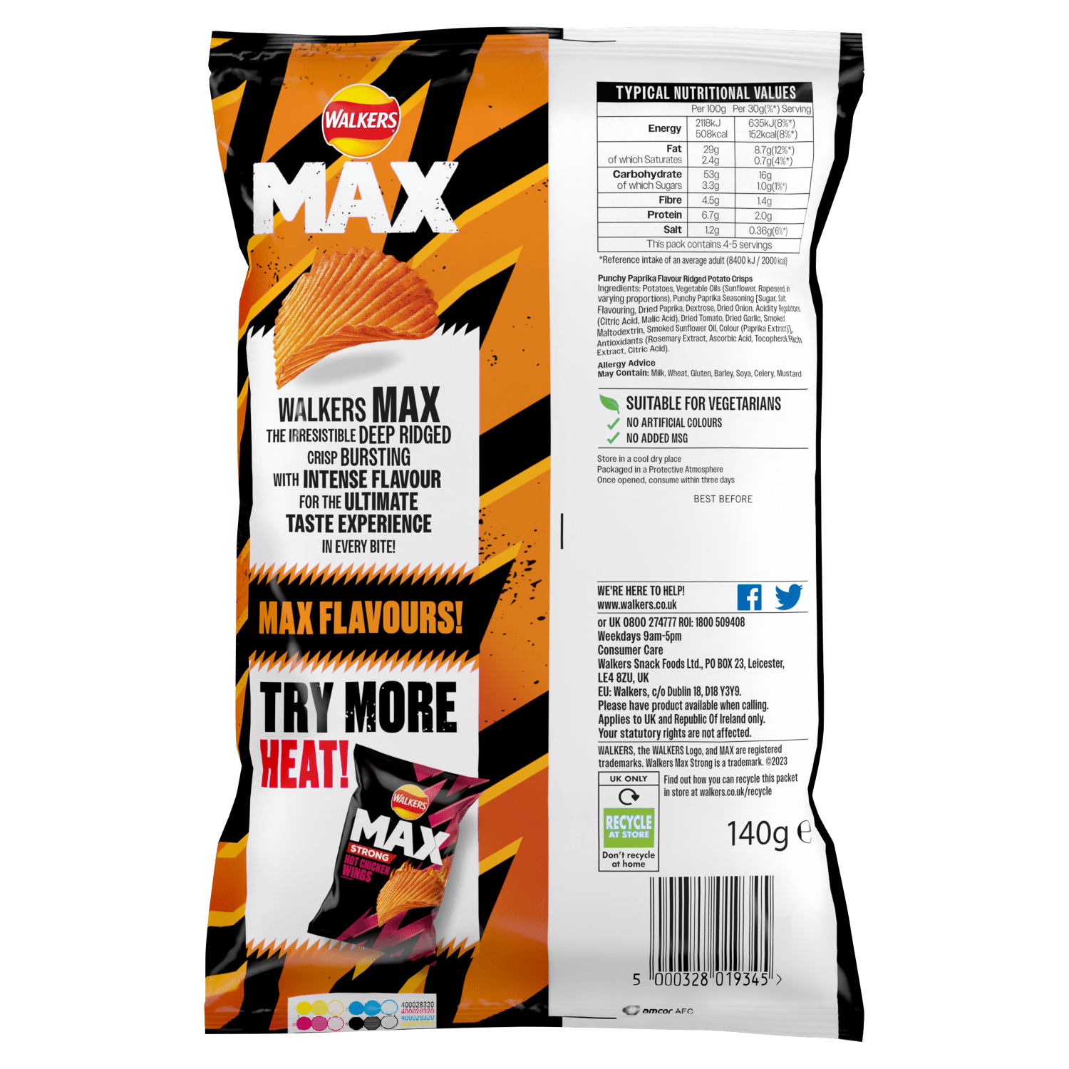 Walkers Max Punchy Paprika Sharing Crisps 140g - UK Food & Drink - 5000328019345