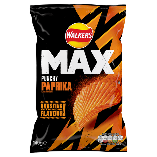 Walkers Max Punchy Paprika Sharing Crisps 140g - UK Food & Drink - 5000328019345