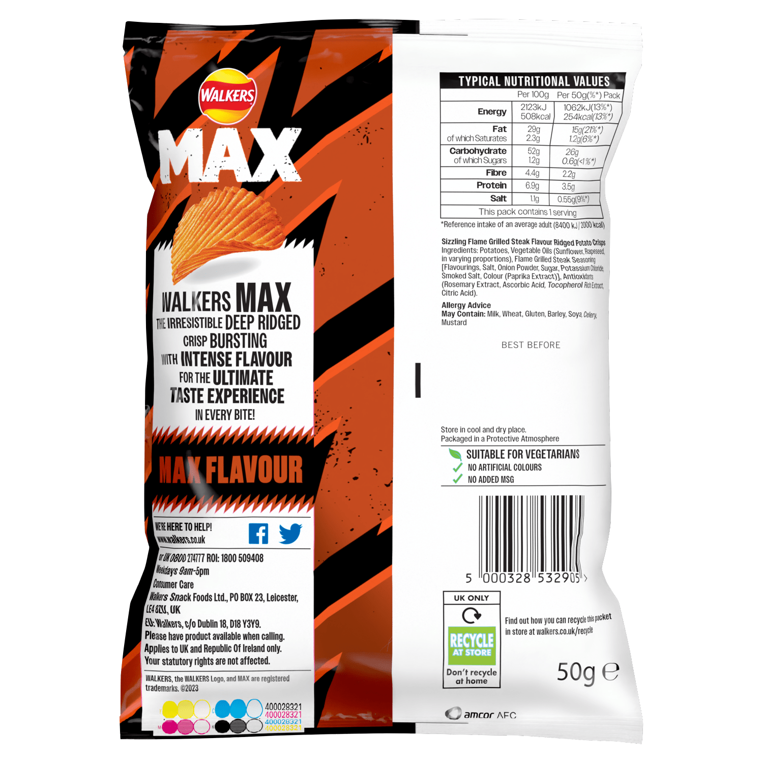 Walkers Max Sizzling Flame Grilled Steak Crisps 50g - UK Food & Drink - 5000328532905