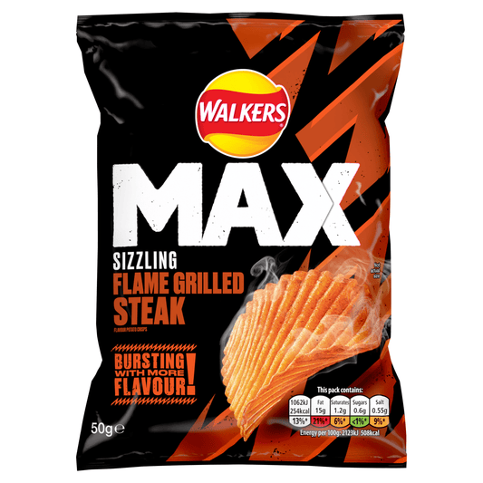 Walkers Max Sizzling Flame Grilled Steak Crisps 50g - UK Food & Drink - 5000328532905