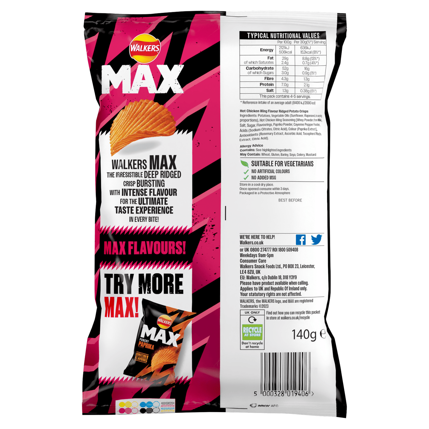 Walkers Max Strong Hot Chicken Wings Sharing Crisps 140g - UK Food & Drink - 5000328019406