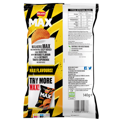 Walkers Max Strong Jalape‚Äìo & Cheese Sharing Crisps 140g - UK Food & Drink - 5000328019376