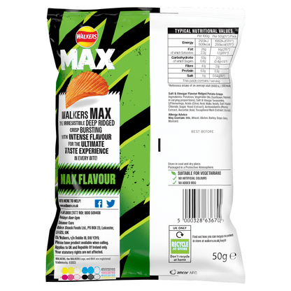 Walkers Max Zingy Salt & Malt Vinegar Crisps 50g - UK Food & Drink - 5000328636702