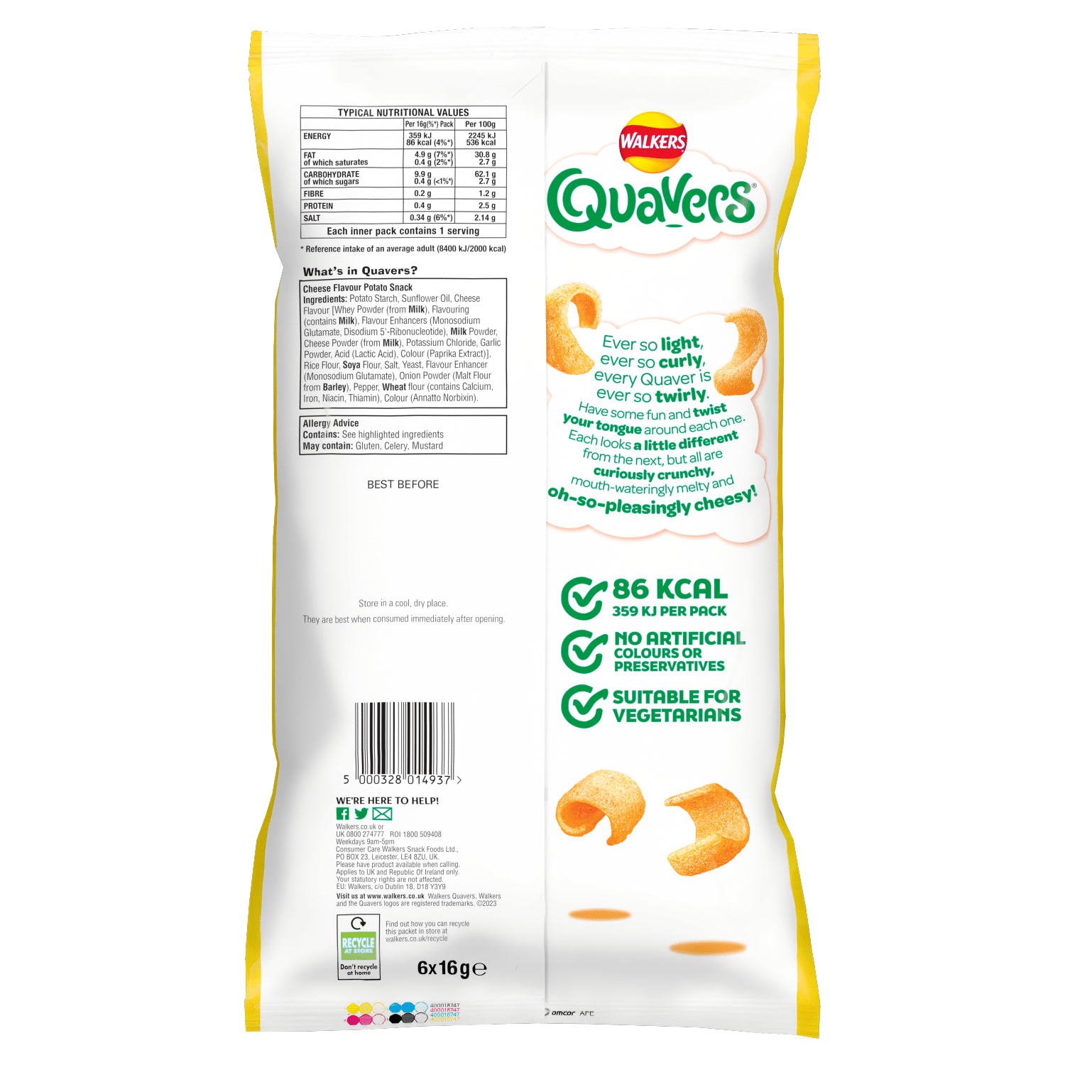 Walkers Quavers Cheese Multipack Snacks 6x16g (Compact) - UK Food & Drink - 5000328014937