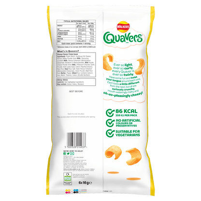 Walkers Quavers Cheese Multipack Snacks 6x16g (Compact) - UK Food & Drink - 5000328014937