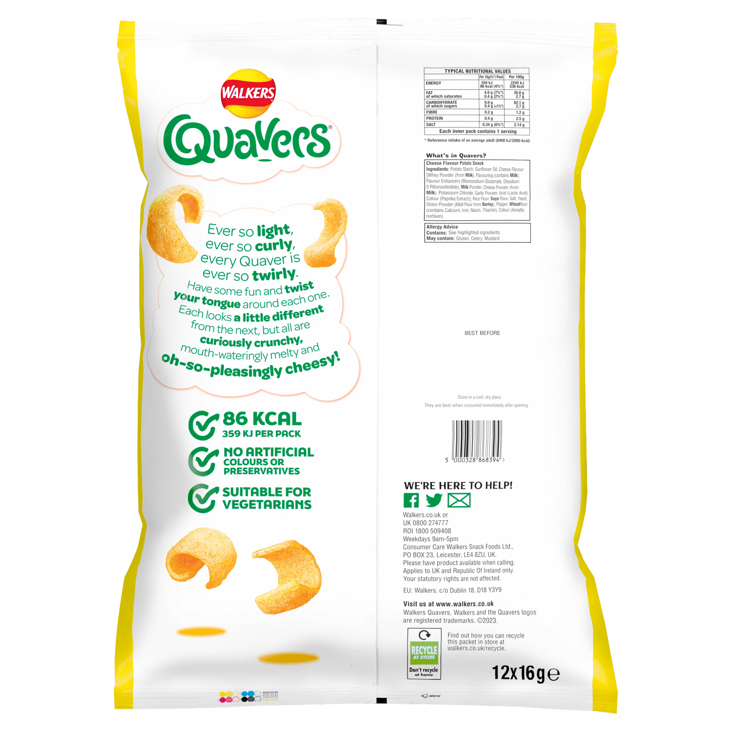 Walkers Quavers Cheese Multipack Snacks Crisps 12x16g - UK Food & Drink - 5000328868394