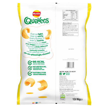 Walkers Quavers Cheese Multipack Snacks Crisps 12x16g - UK Food & Drink - 5000328868394
