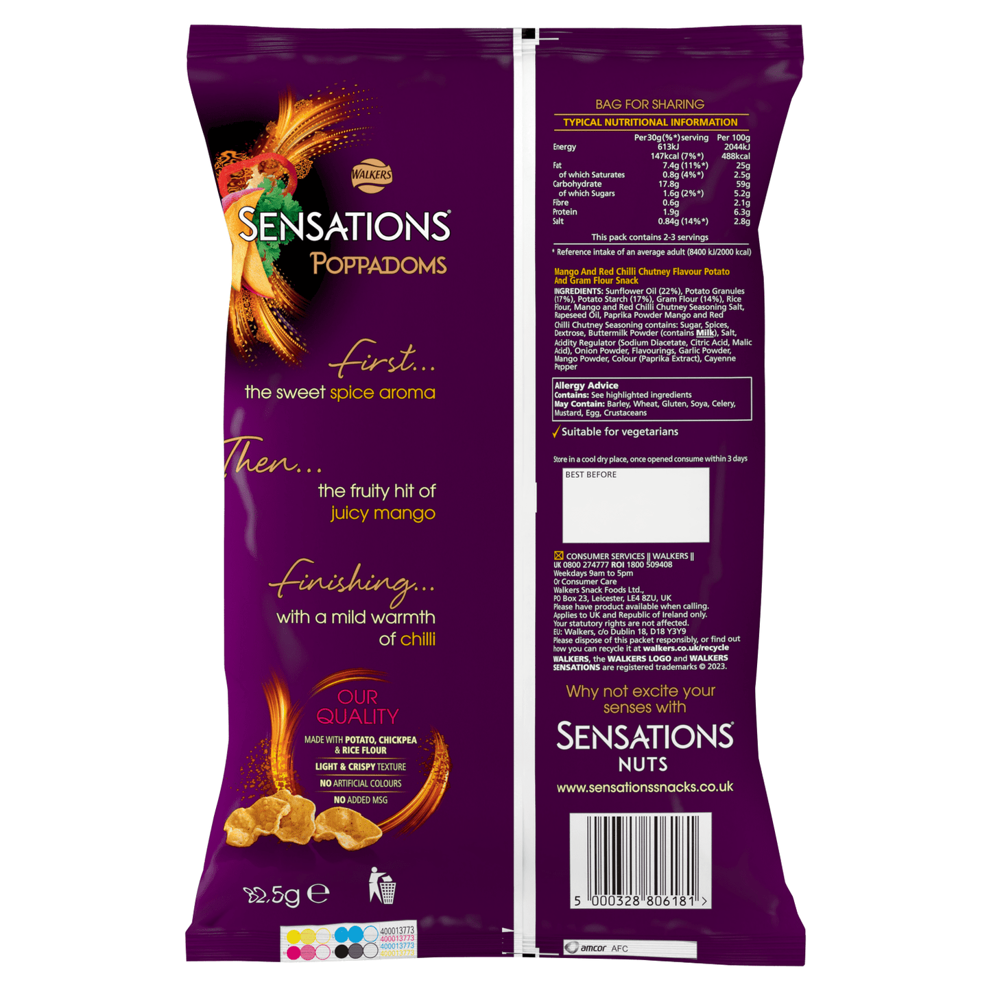 Walkers Sensations Mango & Chilli Chutney Sharing Poppadoms 82.5g - UK Food & Drink - 5000328806181