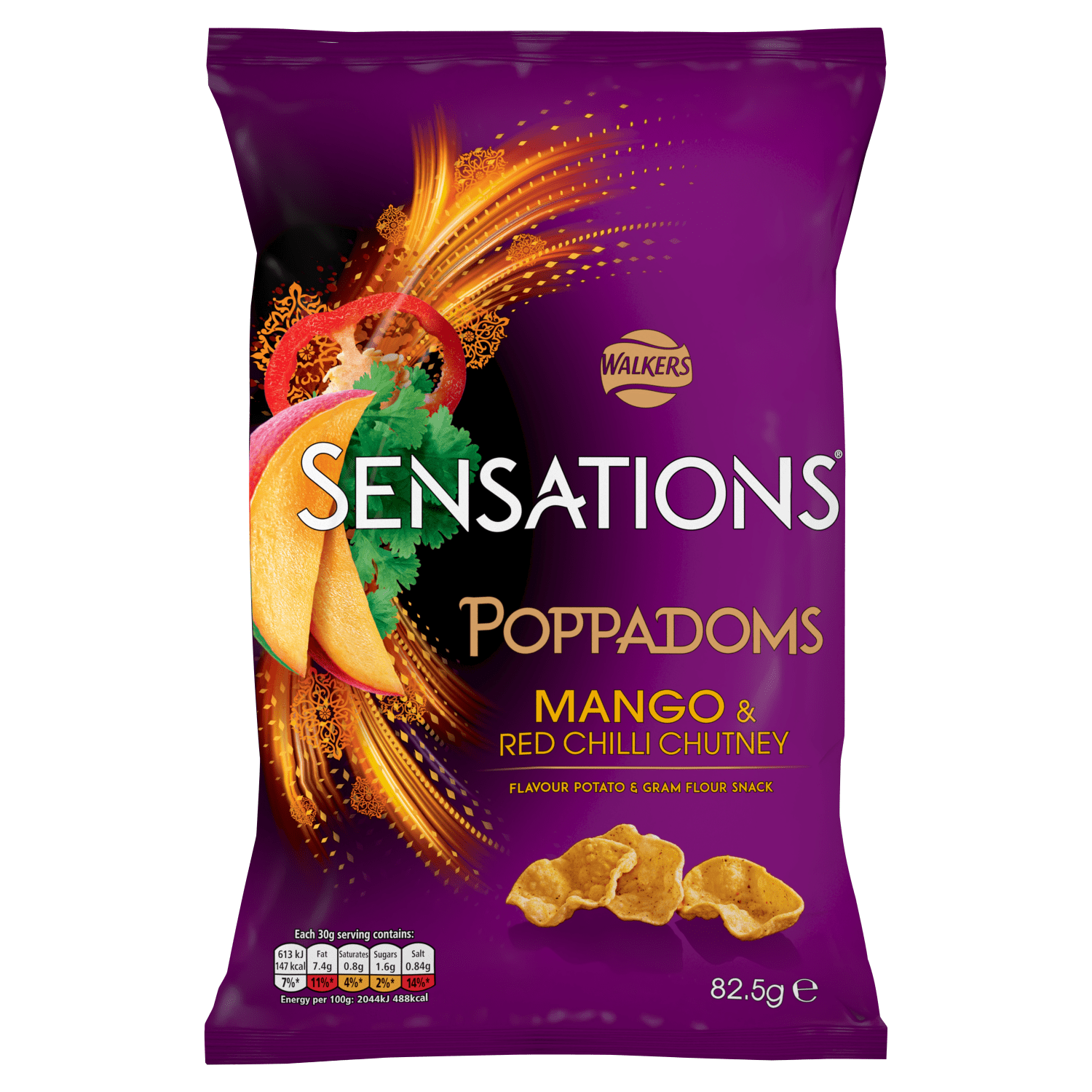 Walkers Sensations Mango & Chilli Chutney Sharing Poppadoms 82.5g - UK Food & Drink - 5000328806181