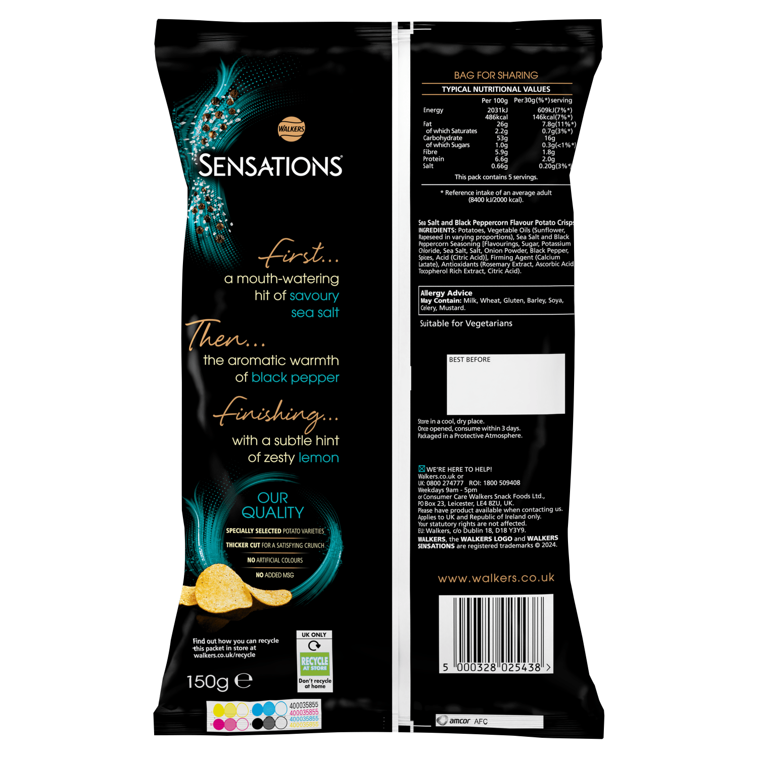 Walkers Sensations Salted & Black Peppercorn Sharing Crisps 150g - UK Food & Drink - 5000328025438