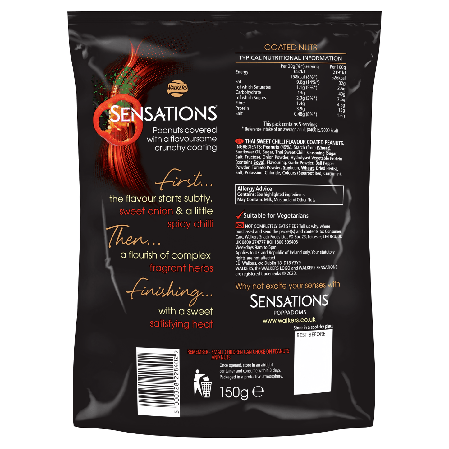 Walkers Sensations Thai Sweet Chilli Coated Sharing Peanuts 150g - UK Food & Drink - 5000328228402