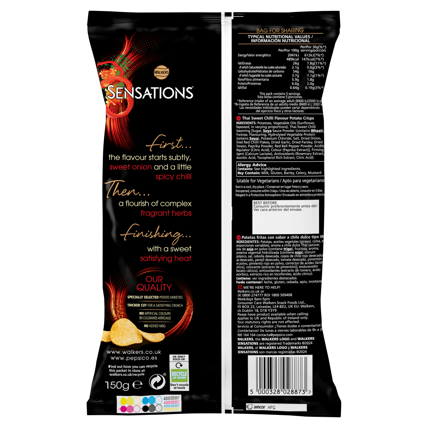 Walkers Sensations Thai Sweet Chilli Sharing Bag Crisps 150g - UK Food & Drink - 5000328028873