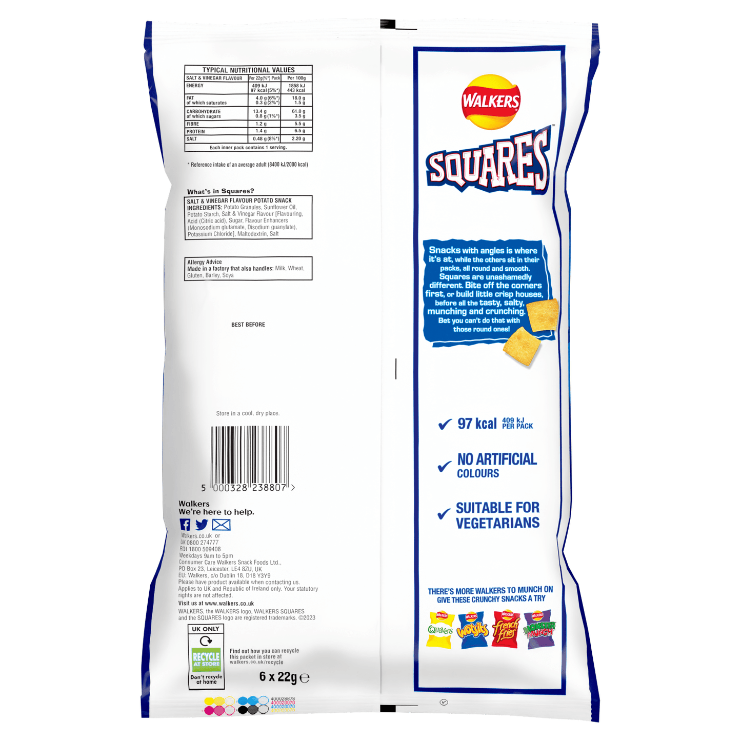 Walkers Squares Salt & Vinegar Multipack Snacks Crisps 6x22g - UK Food & Drink - 5000328238807