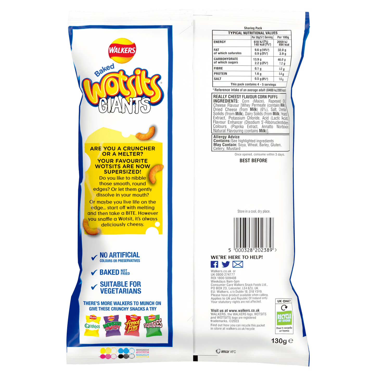 Walkers Wotsits Giants Really Cheesy Sharing Snacks Crisps 130g - UK Food & Drink - 5000328202389