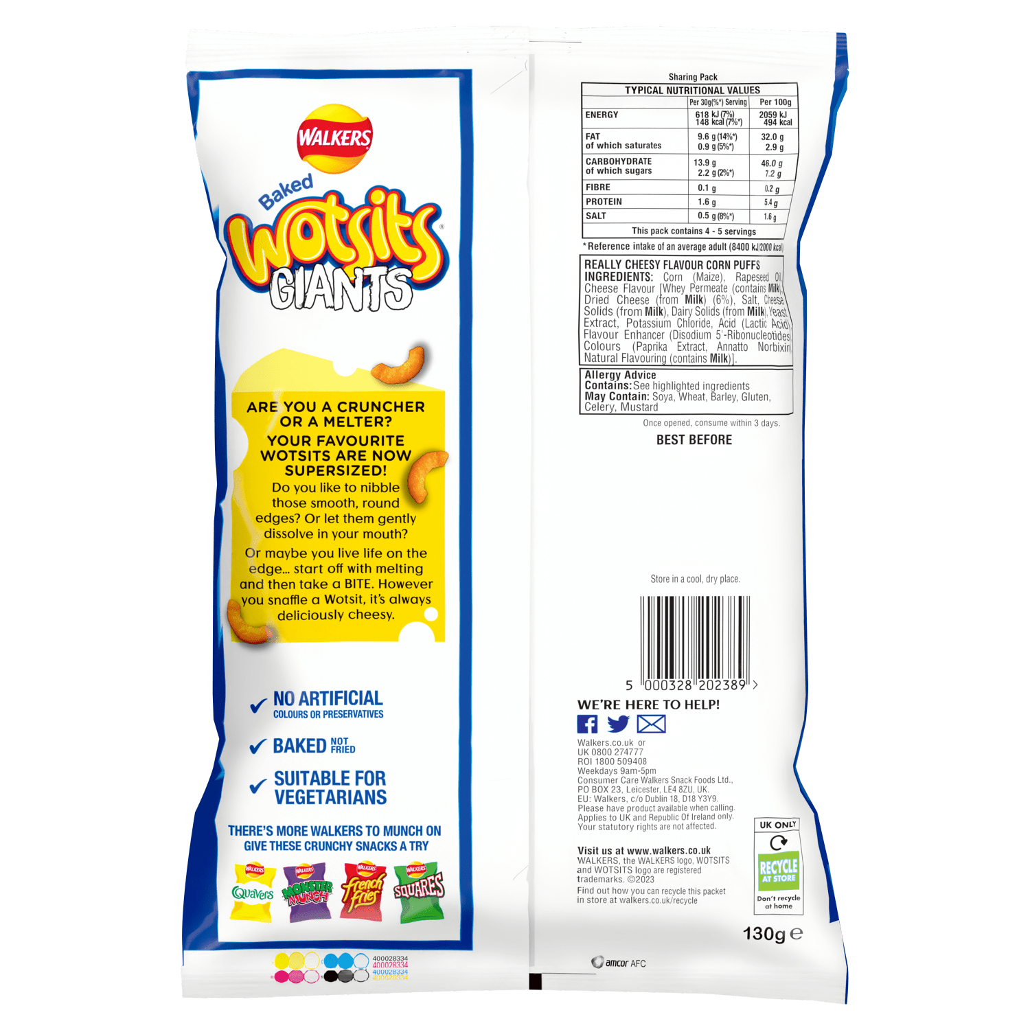 Walkers Wotsits Giants Really Cheesy Sharing Snacks Crisps 130g - UK Food & Drink - 5000328202389