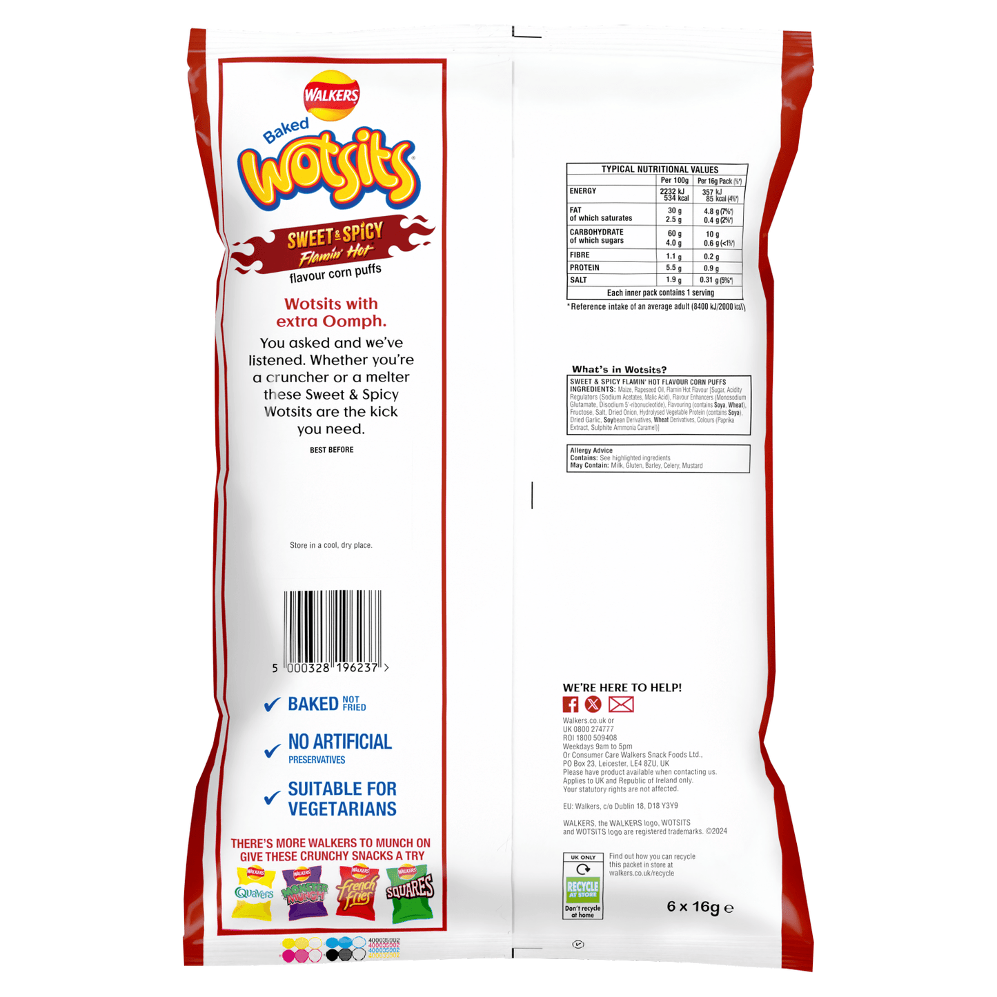 Walkers Wotsits Sweet & Spicy Multipack Snacks 6x16g - UK Food & Drink - 5000328196237
