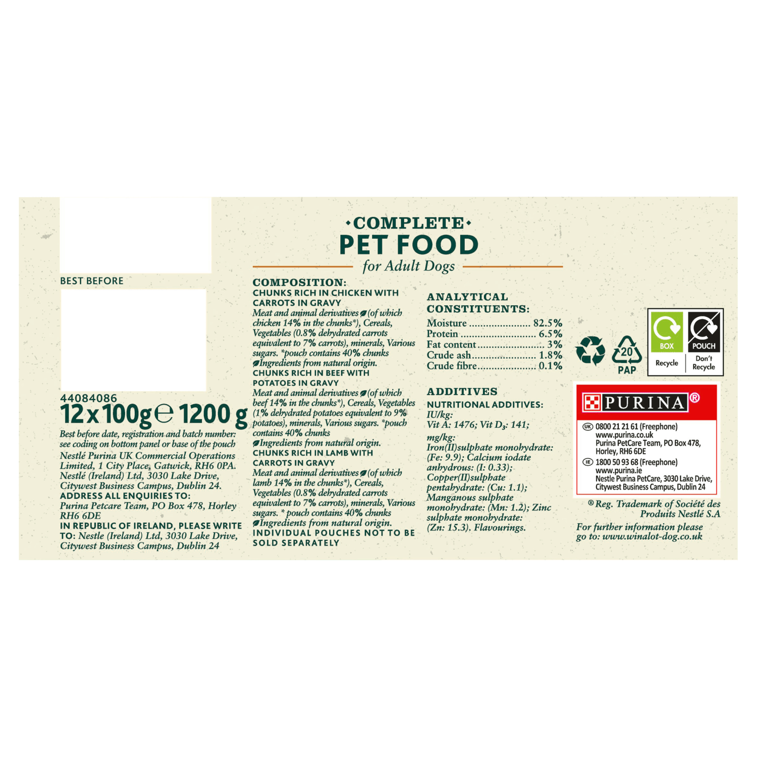 Winalot Perfect Portions Adult Dog Selection in Gravy Chicken & Carrots, Beef & Potatoes 12 x 100g - UK Food & Drink - 7613035605954