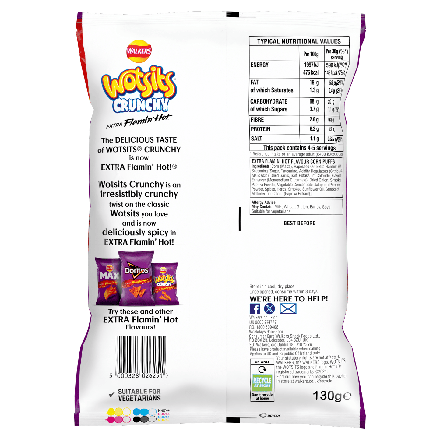 Wotsits Crunchy Extra Flamin' Hot Sharing Bag Crisps 130g - UK Food & Drink - 5000328026251