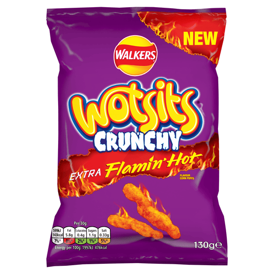 Wotsits Crunchy Extra Flamin' Hot Sharing Bag Crisps 130g - UK Food & Drink - 5000328026251